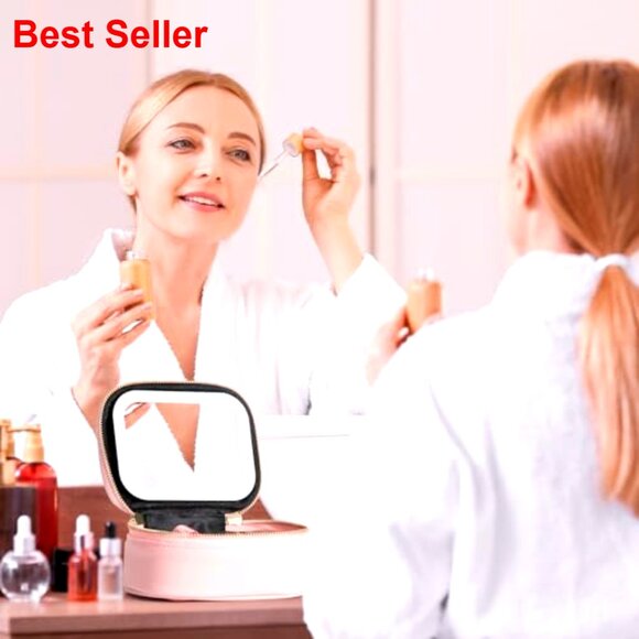 Mini LED Mirror Makeup Bag, Travel Size, Waterproof PU Leather, 3 Light Modes - Picture 2 of 6